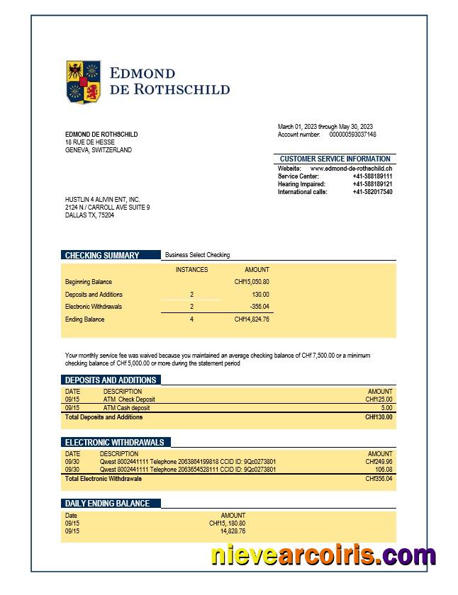 Banque Privee Edmond de Rothschild organization checking account statement